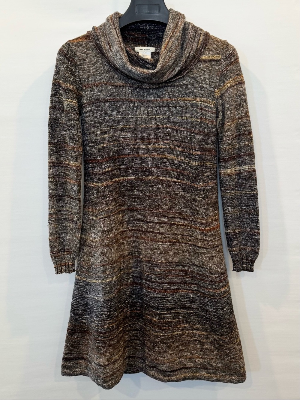 Max Studio Cowl Neck Brown Tan Space Dye Knit Long Sleeve Sweater Dress